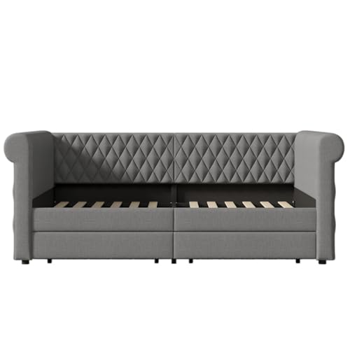 hrijusdif Vintage-Polstersofa 90x200 cm, Schlafsofa mit 2 Schubladen, Grauer oder Beiger Stoff, stabiles Holzgestell – ideal für Kinder- und Jugendzimmer (Gray + Linen + 90cm*200cm) von hrijusdif