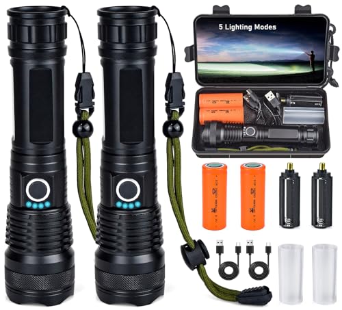 2 Stück Taktische Taschenlampe Led Aufladbar Extrem Hell Hellste der Welt Flashlight Camping USB C Starke Multifunktionale Akku Batteriebetrieben Torch Light Stärkste die Wasserdicht 10000 Lumen von htbakoi