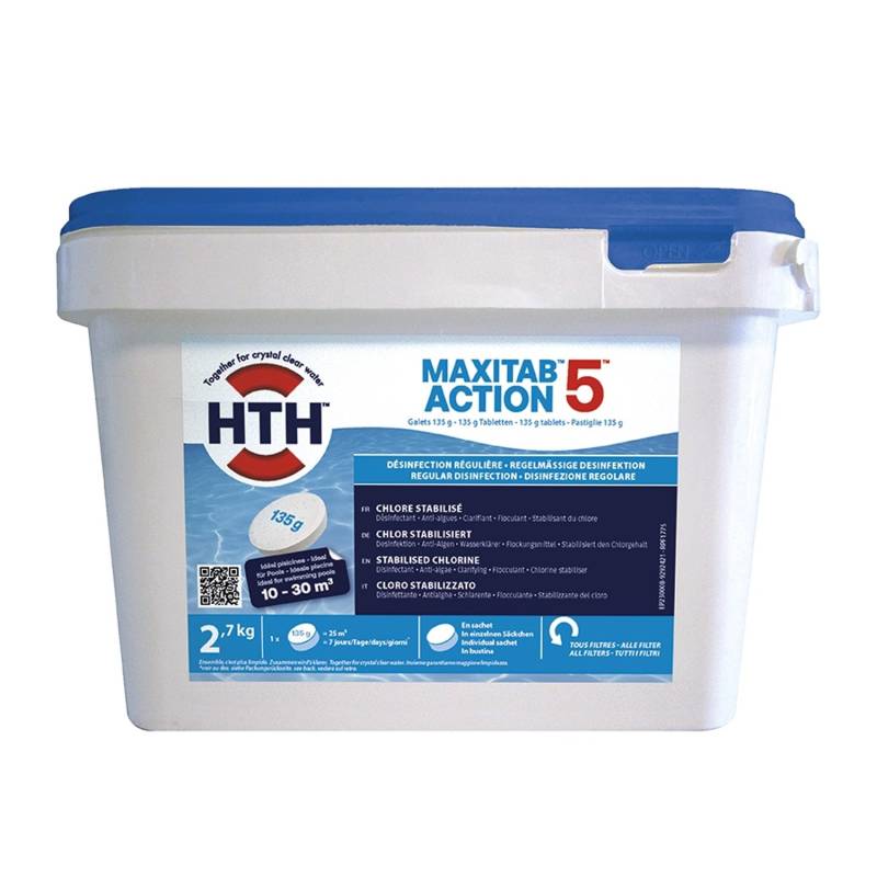 HTH 2,7 kg MaxiTab Action 5 Chlor Multifunktion 135g Tabletten Langsam Löslich von hth