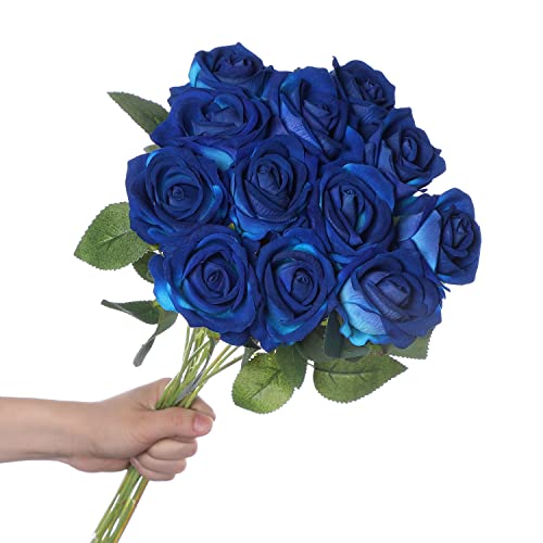 huaao 12 Stück Künstliche Rosen Seide Blumen, Hochzeitsarrangements Seidenrosen Single Stem Realistic Fake Rose Bouquet für Brautstrauss Hochzeitssträuße Dekoration, Blau von huaao