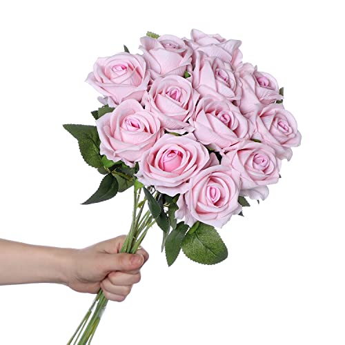 huaao 12 Stück Künstliche Rosen Seide Blumen, Hochzeitsarrangements Seidenrosen Single Stem Realistic Fake Rose Bouquet für Brautstrauss Hochzeitssträuße Dekoration, Rosa von huaao