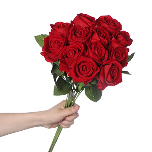 huaao 12 Stück Künstliche Rosen Seide Blumen, Hochzeitsarrangements Seidenrosen Single Stem Realistic Fake Rose Bouquet für Brautstrauss Hochzeitssträuße Dekoration, Rot von huaao