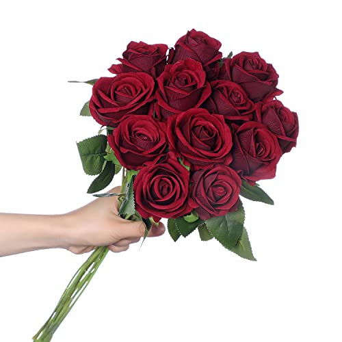 huaao 12 Stück Künstliche Rosen Seide Blumen, Hochzeitsarrangements Seidenrosen Single Stem Realistic Fake Rose Bouquet für Brautstrauss Hochzeitssträuße Dekoration, Weinrot von huaao