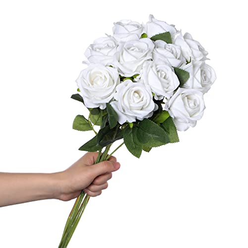 huaao 12 Stück Künstliche Rosen Seide Blumen, Hochzeitsarrangements Seidenrosen Single Stem Realistic Fake Rose Bouquet für Brautstrauss Hochzeitssträuße Dekoration, Weiß von huaao