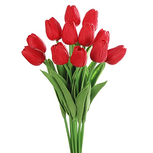 huaao 12pcs Künstliche Tulpen Real Touch Latex Gefälschte Tulpen Blumen Blumensträuße Blumen Arrangement für Home Room Hochzeitsstrauß Party Herzstück Dekor Rot von huaao