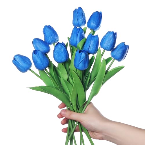 huaao 12pcs Künstliche Tulpen Real Touch Latex Gefälschte Tulpen Blumensträuße Arrangement Blumen für Home Room Hochzeitsdekoration Party Herzstück Dekor, Klein Blau von huaao