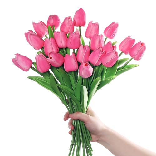 huaao 24pcs Künstliche Blumen Latex tulpen künstlich wie echt Gefälschte Deko für Brautsträuße Büro Garten Hotel Restaurant Hochzeits blumenstrauß Deko Blumenarrangements Rosa von huaao