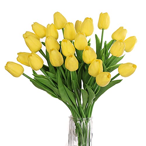 huaao 24pcs Künstliche Tulpen Real Touch Latex Gefälschte Tulpen Blumen Blumensträuße Blumen Arrangement für Home Room Hochzeitsstrauß Party Herzstück Dekor Gelb von huaao