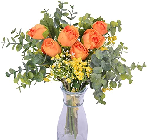 huaao 2pcs Künstliche Blumen Rosa wie echt Kunstblumen Frühling Schleierkraut Eukalyptus Blumenstrauß Pflanzen Blumenarrangements Hochzeit Rosen Seidenblumen für Tischdeko Büro Balkon Dekoration von huaao