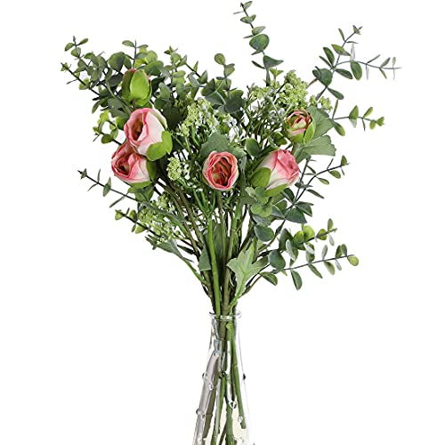 huaao 2pcs Künstliche Seidenblumen Rosa wie echt Kunstblumen Frühling Schleierkraut Eukalyptus Blumenstrauß Pflanzen Blumenarrangements Hochzeit Rosen für Tischdeko Büro Balkon Dekoration Rosa von huaao