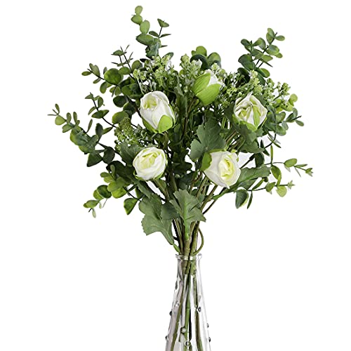 huaao 2pcs Künstliche Seidenblumen Rosa wie echt Kunstblumen Frühling Schleierkraut Eukalyptus Blumenstrauß Pflanzen Blumenarrangements Hochzeit Rosen für Tischdeko Büro Balkon Dekoration Weiß von huaao