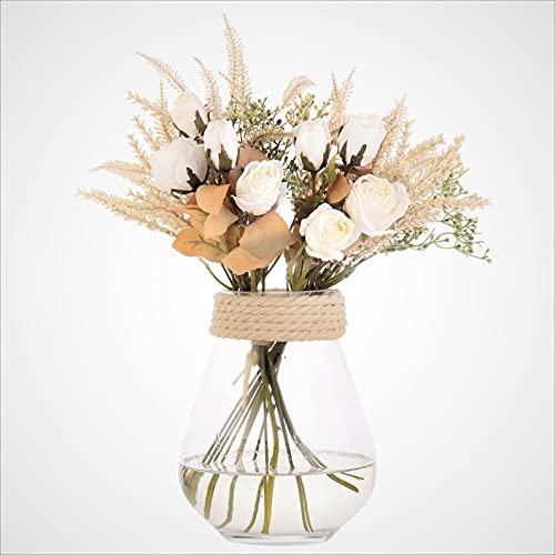 huaao 2pcs Künstliche Blumen Seidenblumen Rose und Weizenähren Blumenarrangements Kunststoff Dekor Pflanzen Bouquet Braut Hochzeitsstrauß Hausgarten Büro Raumdekoration Tisch-Mittelstücke (Weiß) von huaao