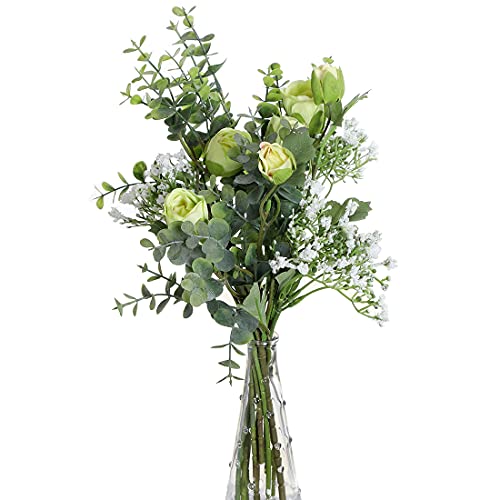 huaao 2pcs Künstliche Seidenblumen Rosa wie echt Kunstblumen Schleierkraut Eukalyptus Blumenstrauß Pflanzen Blumenarrangements Hochzeit Rosen für Tischdeko Büro Balkon Dekoration Grün von huaao