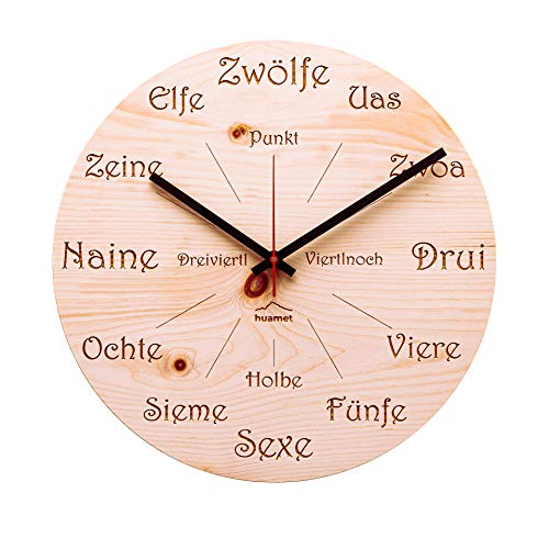 huamet Holz Wanduhr UHRFORM aus Zirbe, rund - einzigartiges Design mit urigem Südtiroler Dialekt, geräuschlos ohne Ticken - Qualitätsprodukt Made in Südtirol - CH40-A-1605 von huamet