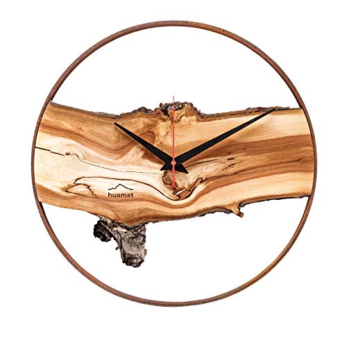 huamet Holz Wanduhr WUHRZEL, Apfelbaum mit rostigem Metallring, rund - wahrhaftiges Unikat, geräuschlos ohne Ticken - Qualitätsprodukt Made in Südtirol - CH70-A-04 von huamet