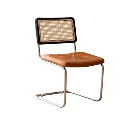 Rattanstuhl- Moderner Mid-Century-Rattanstuhl mit Ledersitzkissen und Metallbeinen, Rückenlehne aus natürlichem Mesh-Rattan, perfekt for das Esszimmer in der Wohnküche Terrassen-Loungesessel(Schwarz) von huanglyc-232