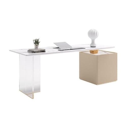 huanglyc-232 Moderner Home-Office-Schreibtisch mit 2 Schubladen, Ladeanschluss, Steinplatten-Tischplatte und Acrylbeinen Home-Office-Schreibtisch(Gold,L) von huanglyc-232