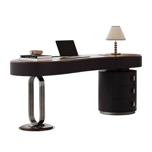 huanglyc-232 Moderner Schreibtisch in Walnussfarbe for das Home Office mit Schubladen und Ladesteckdosen, gebogener Tischplatte Metallbeinen Home-Office-Schreibtisch(XL) von huanglyc-232
