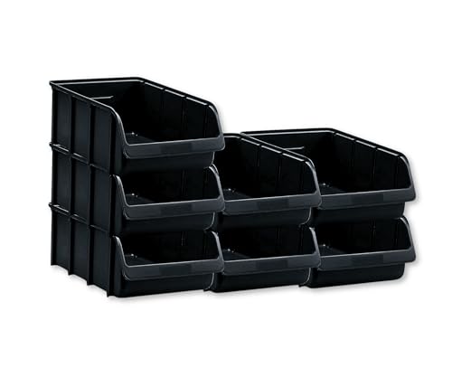 hünersdorff 7 x Sichtbox - Stapelbox Lagerbox SET in Größe 5 - aus bruchsicherem Polypropylen (PP) - Rezyklat- ideal für Ordnungs- und Sortiersysteme, Wandplatten, Fahrregal, Werkstattregal - Schwarz von hünersdorff