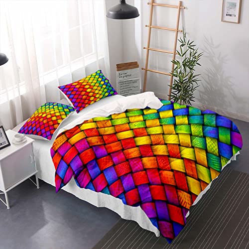 huitutu 3D Plaid Bettwäsche Set 135x200cm Jungen Mädchen Bettwäsche Check Farbverlauf Buntes Muster Mikrofaser Bettbezug und 1 Kissenbezüge 80x80cm von huitutu