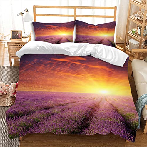 huitutu Bettwäsche 200x220cm 3 teiliges Sonnenuntergang Blumenmuster 3D Mikrofaser Bettwäsche Set lila Blumenmuster Bettbezug und 2 Kissenbezug 80x80cm von huitutu