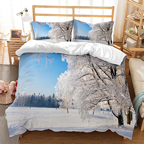 huitutu Bettwäsche Set 135x200cm 2 teiliges Schneelandschaft Muster weiße Mikrofaser Bettwäsche knitterfrei eisenfreies Schneebaummuster Bettbezug und 1 Kissenbezug 80x80cm von huitutu