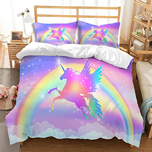 huitutu Buntes Pegasus-Bettwäsche-Set 135x200cm Regenbogen Sparkle Bunte Pegasus Mikrofaser Bettbezug Mädchen Kinder Pegasus Bettwäsche und 1 Kissenbezug 80x80cm von huitutu