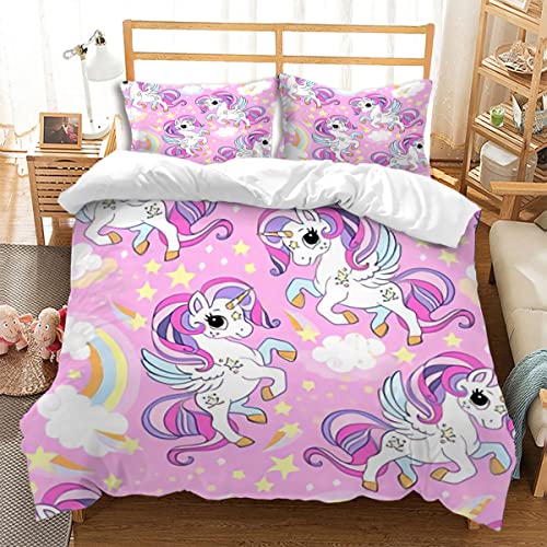 huitutu Einhornfarbenes Bettwäsche-Set 135x200cm Mädchen Kinder Bettwäsche Bunte Einhorn gelb Stern Muster Mikrofaser rosa Bettbezug und 1 Kissenbezug 80x80cm von huitutu