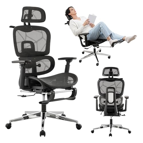Ergonomischer Bürostuhl aus Netzstoff mit Fußstütze, hohe Rückenlehne, Gaming-Stuhl mit Lendenwirbelstütze, verstellbare Kopfstütze und Armlehnen für Zuhause, Büro, Schreibtischstuhl von hujusko