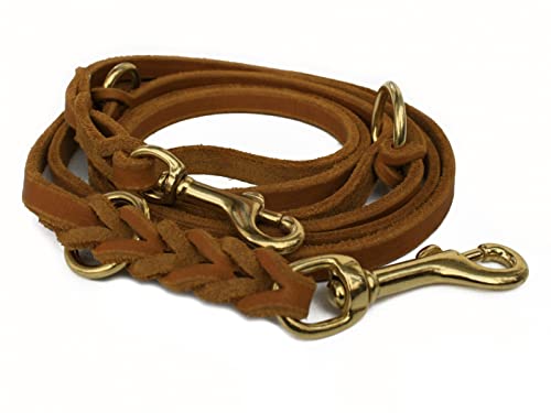 Fettleder Führleine 3-Fach verstellbare Lederleine geflochten für Hunde 96 Modelle zur Auswahl (2,40m x 12mm, Cognac, Messing Haken) von hund-natuerlich