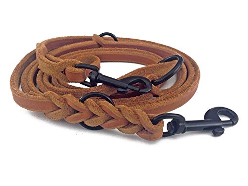 Fettleder Führleine 3-Fach verstellbare Lederleine geflochten für Hunde 96 Modelle zur Auswahl (2,40m x 15mm, Cognac, schwarz Matte Haken) von hund-natuerlich