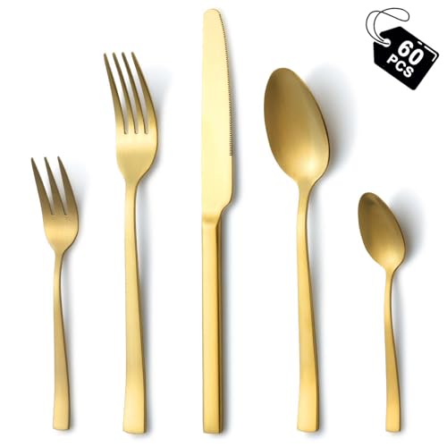 Besteck Set 12 personen, Hunnycook 60 teilig Besteck Gold matt mit Gabeln Löffel Messer, Edelstahl Goldenes Besteck für Hause/Küche/Restaurant, Hochglanzpoliert, Spülmaschinenfest von hunnycook