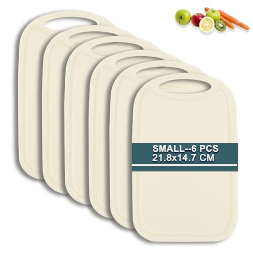 Frühstücksbrettchen 6er Set mit Saftrille，Hunnycook 22x15 cm Antibakteriell Schneidebrett Kunststoff rutschfest BPA frei，Kleines Cremefarbe Frühstücksbrettchen Kunststoff，Spülmaschinenfest von hunnycook