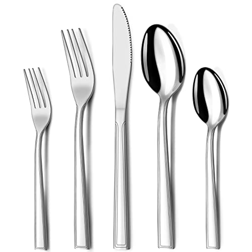 Hunnycook 30 teilig Besteck Set 6 Personen, Edelstahl Besteckset mit Messer Gabel Löffel für Restaurant Party Hochzeit, Klassisches Streifenhandwerk, Spülmaschinenfest von hunnycook