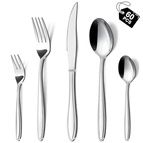 Hunnycook Besteck Set 12 Personen, 60-teiliges Edelstahl Essbesteck mit Liniengriff, Elegantes Besteckset mit Messer Gabel Löffel für Haus/Restaurant/Party, Spülmaschinenfest von hunnycook