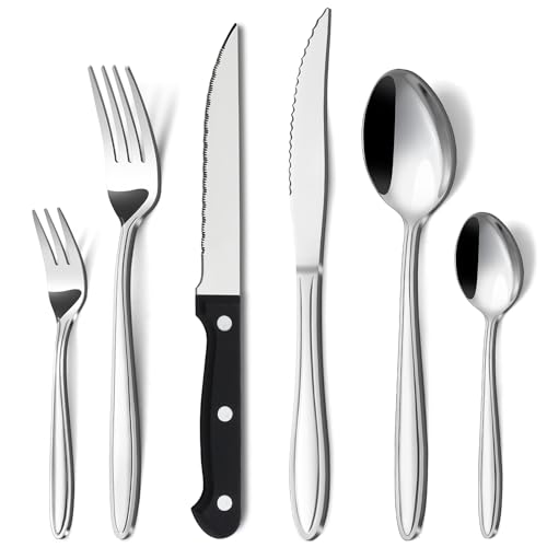 Hunnycook Besteck Set 6 Personen, 30-teiliges Besteck Set mit Steakmesser, Elegantes Premium Edelstahl Besteckset mit Messer Gabel Löffel für Haus/Restaurant/Party, Spülmaschinenfest von hunnycook