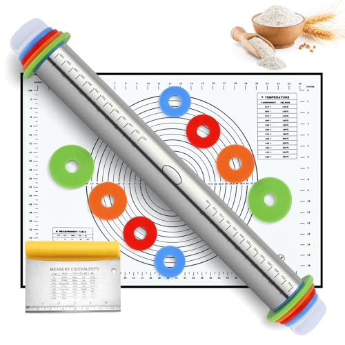 Hunnycook Nudelholz 3er-Set, 1 Teigroller, 1 Silikon Backmatte und ein Teigspachtel, Einstellbare Dicke Edelstahl Nudelholz in 4 Größen für Pizza Kekse Pfannkuchen Pasta Backen Utensilien von hunnycook