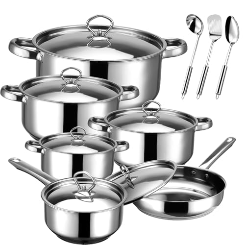 Hunnycook Topfset Induktion - 15-teilig, Starkbodig Edelstahl Töpfe Set, Inklusive Kochtöpfe, Bratpfanne und 3 Küchenhelfer, Feststehende Griffe, Geeignet für Alle Herdarten, Spülmaschinengeeignet von hunnycook