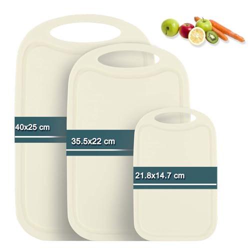 Schneidebrett Kunststoff, Hunnycook 3-tlg Schneidebrett Set mit Saftrillen und rutschfeste Griffe, Antibakteriell Schneidebretter/Frühstücksbrettchen kunststoff Cremefarbe, BPA-frei, Spülmaschinenfest von hunnycook