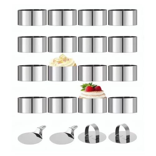 huoflame 16 Stück Dessertringe und Speiseringe Set - Runde & Herzform Edelstahl Kuchenringe - Mousse-Ringe mit Heber & Stampfer - Backringe für Torte, Dessert, Reiskugel, DIY Backen von huoflame