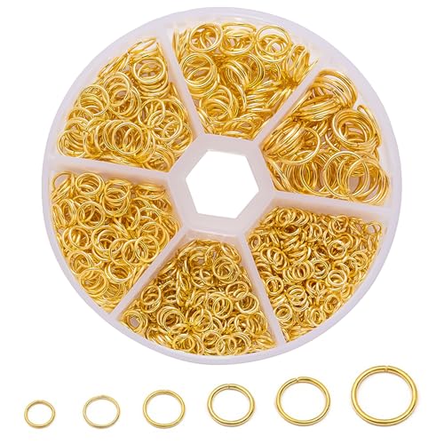 Huoflame Jump Rings DIY Set – 970 Stück offene Ringe, Alloy Biegeringe für Schmuckherstellung – 85g Sortiment für Ohrringe Armbänder Kettenreparatur Bastelbedarf Gold & Silber (Gold) von huoflame