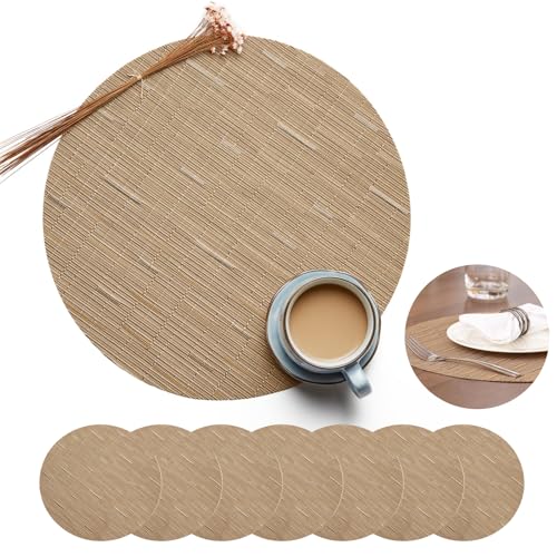 Huoflame Platzsets Rund 8er Set – Abwaschbare Tischsets aus gewebtem PVC im Bambus-Design – rutschfest und Hitzebeständig Ø 32 cm – Perfekt für Küche, Esszimmer, Restaurant von huoflame