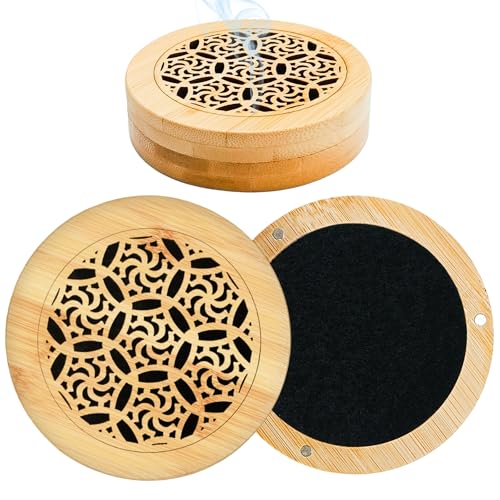 Huoflame Räucherstäbchenhalter Bambus rund - Diffuser ohne Strom für ätherische Öle, Aromatherapie & Raumduft - Kompakter Duftstein mit Deckel für Meditation, Yoga (1, Eleganz 1) von huoflame