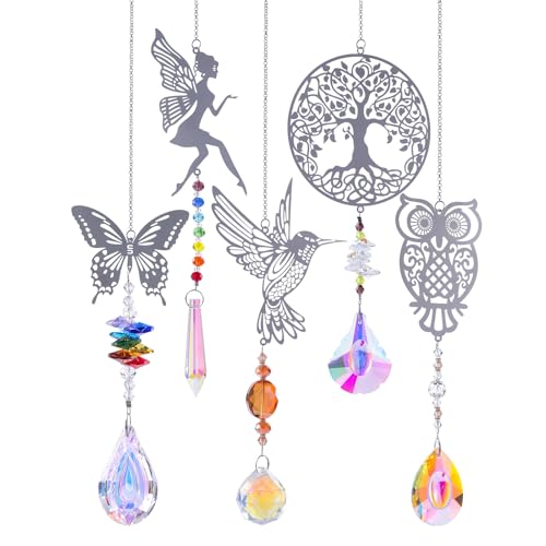 Huoflame Sonnenfänger Windspiel 5 Stück Set – Kristall Prisma Deko mit Kolibri, Fee, Schmetterling, Baum, Eule – Garten Deko Hängend Windspiele für Draußen Wetterfest – Geschenk für Frauen von huoflame