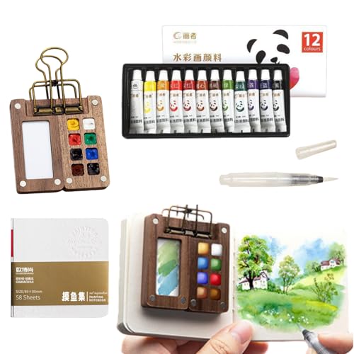 Hurifeng Mini Aquarell Set – Tragbare 8-Fach Walnussholzpalette inkl. 12 Farben, Skizzenbuch (ENGL. Umschlag), Wasserpinsel und Clip – Perfekt für Reise, Skizzen und kreative Momente von hurifeng