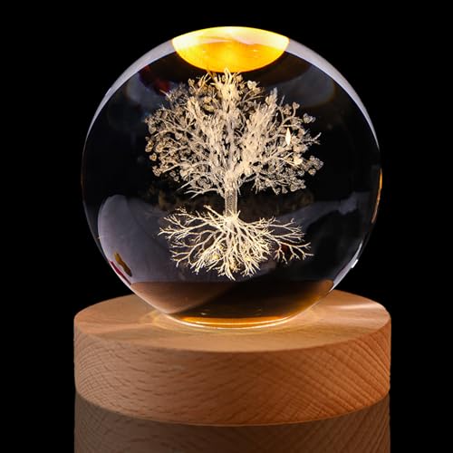 hurifeng Kristallkugel Nachtlicht 60mm - LED Glas Kugel mit Holzsockel, USB Deko Lampe, 3D Gravur Lebensbaum oder Glücksklee, für Wohnzimmer Schlafzimmer Büro Geschenkidee (Lebensbaum) von hurifeng