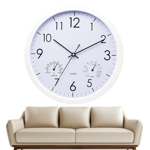 hurifeng Wanduhr mit Temperatur- und Feuchtigkeitsanzeige, 12 Zoll Quarzuhr für Wohnzimmer, Schlafzimmer, Küche, Bad - Schwarz/Weiß, Lautlos, Minimalistisch, Kunststoffgehäuse, Glasfront (Weiß) von hurifeng