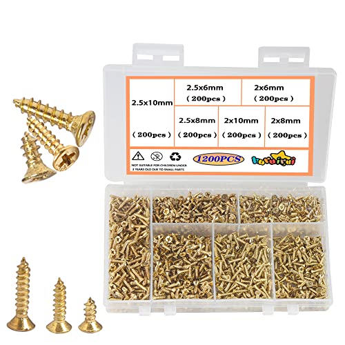 huruirui M2 M2.5 Kleine Schrauben set,1200Stück Holzschrauben Selbstschneidende Schrauben Lang 6mm 8mm 10mm Flachkopf Kreuzkopf Blechschrauben Set Teile für die Gerätereparatur Golden von huruirui