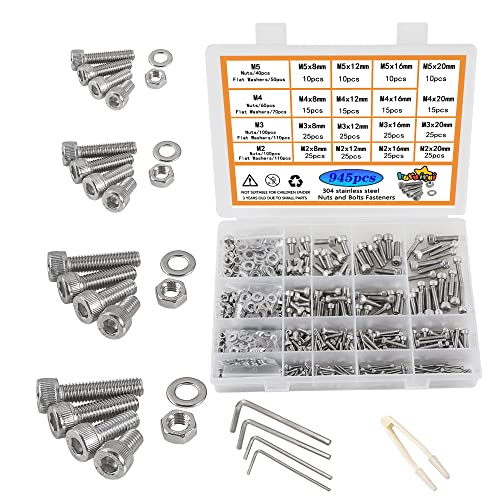huruirui M2 M3 M4 M5 Schrauben und Muttern Set Unterlegscheiben Sortierter Satz 304 Edelstahl 945pcs Zylinderkopfschrauben Gewinde Maschine Schrauben Hex Bolzen Reparatur Werkzeuge von huruirui