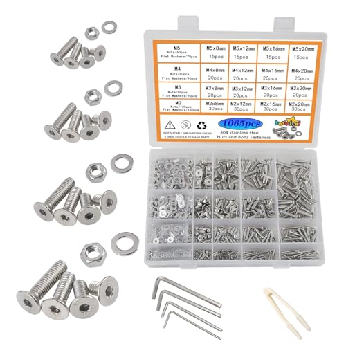 huruirui M2 M3 M4 M5 Muttern und Schrauben Unterlegscheiben Sortierter Satz, 1065pcs Innensechskantschrauben 304 Edelstahl Schrauben und Muttern, Gewindemaschine Hex Bolzen Set Reparatur Werkzeuge von huruirui